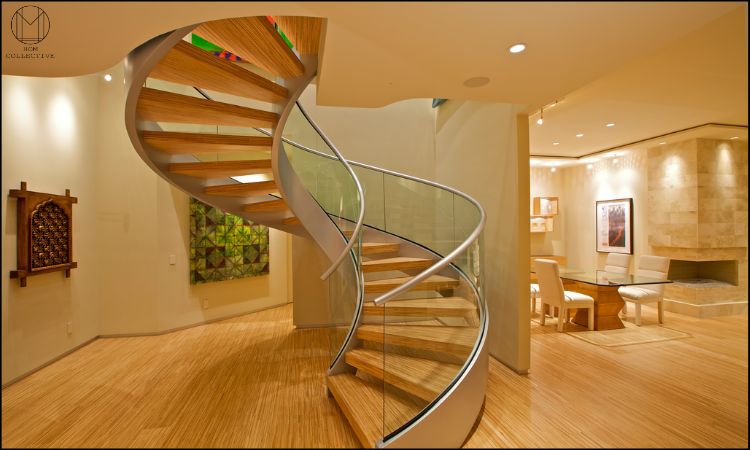 spiral staircase with glass railing